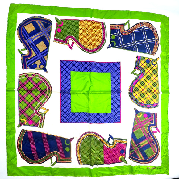 Celine 100% Silk Scarf Horse Blankets Green Blue Multicolor 33-1/8" x 33-5/8" - Picture 1 of 16